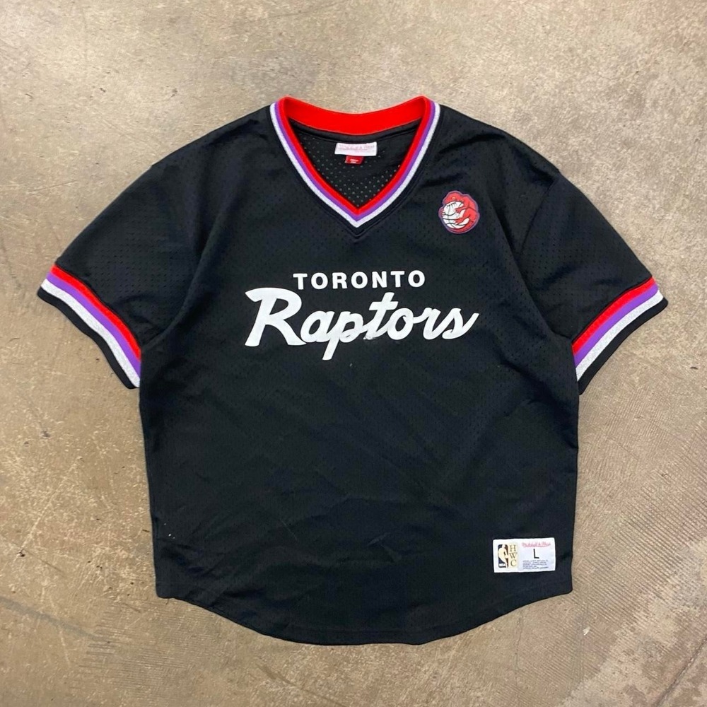 Vintage Toronto Raptors NBA Mitchell & Ness Script Basketball Warm Up T-Shirt L